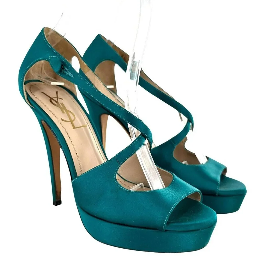 Saint Laurent Paris Turquoise Satin Tribute Cross Strap Platform Sandals Size 35 - Picture 3 of 11